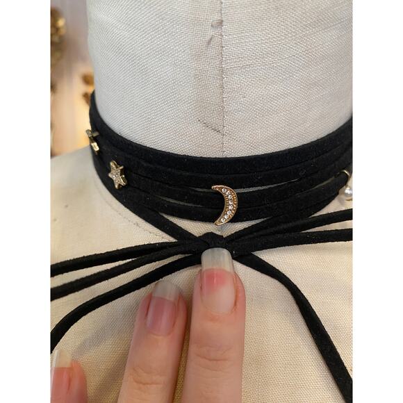 vintage y2k black celestial choker tie collar moon star pearls gothic style 90s - Picture 4 of 5